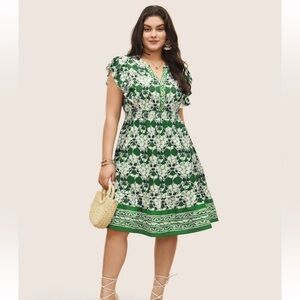 BloomChic Plus Size 3XL Boho Print Ruffles Shirred Pocket Elastic Waist Dress